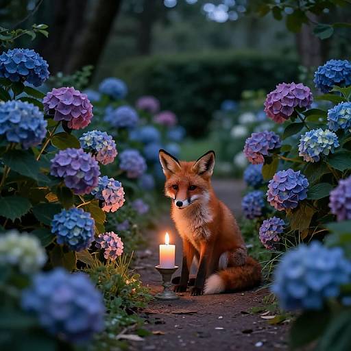 Photograph of a red fox sitting on a garden path, illuminated by a candle, surrounded by vibrant blue and purple hydrangeas at twilight.