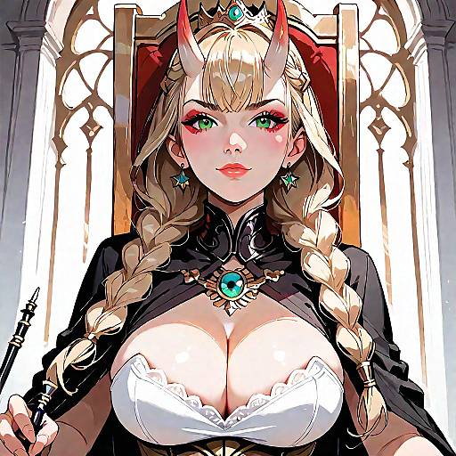 Digital anime-style illustration of a blonde demon girl with green eyes, red horns, large breasts in a white lace bustier, holding a dagger, seated