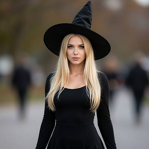 Photograph of a blonde woman with blue eyes wearing a black witch hat and long-sleeve black dress, standing outdoors with blurred background.