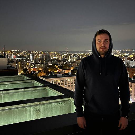 Urban Rooftop at Night with City Lights