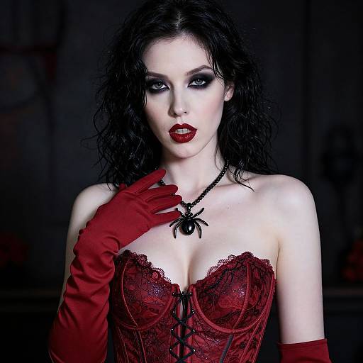 Photograph of pale-skinned woman with black wavy hair, red lipstick, red lace corset, red gloves, black spider necklace, dark background