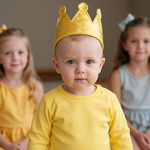 Photograph of a fair-skinned toddler with blue eyes wearing a gold crown and yellow shirt, flanked by two blonde girls in yellow and white dresses