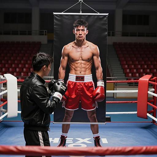 Man Training with Boxer Poster in Boxing Ring