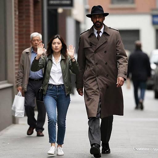 Man in Trench Coat Walking Beside Woman Raising Hands