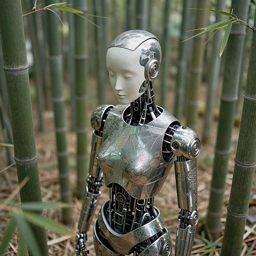 Photograph of a silver, intricately patterned humanoid robot with a white face, standing in a bamboo forest. Blurred green bamboo stalks and