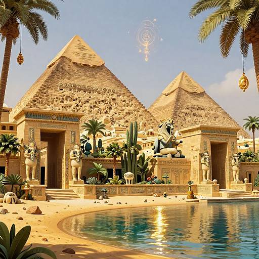 Digital illustration of an ancient Egyptian temple with two pyramids, palm trees, statues, and a reflective pool under a blue sky.