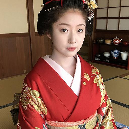 Photograph of a young Asian woman with pale skin, black hair in an elaborate updo, wearing a vibrant red kimono with gold floral patterns,