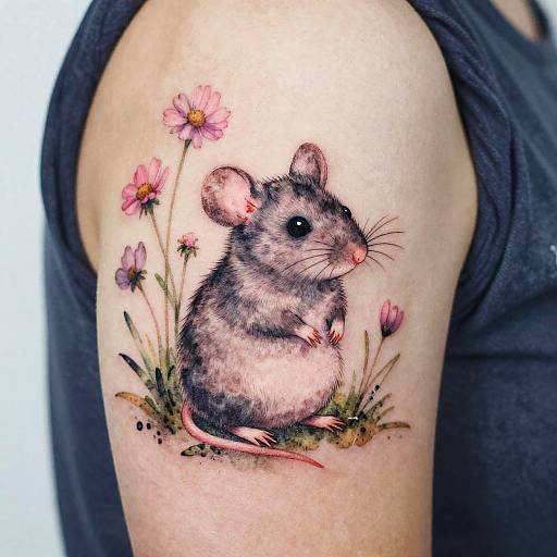 Cozy Mouse Wildflower Watercolor Tattoo