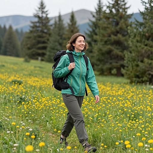Photograph of a smiling woman with brown hair, wearing a green jacket, gray pants, and black backpack, walking through a vibrant yellow wildflower field
