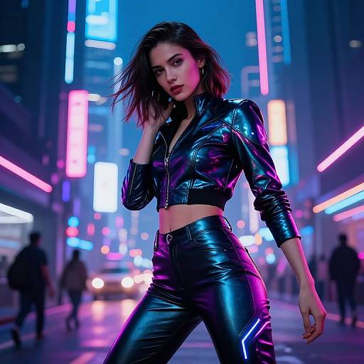 Cyberpunk photograph of a confident woman with shoulder-length dark hair, wearing a black shiny leather crop top and high-waisted pants, standing in