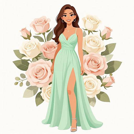Digital illustration of a smiling woman with long brown hair in a mint green, strapless, high-slit gown, standing against a backdrop of large,