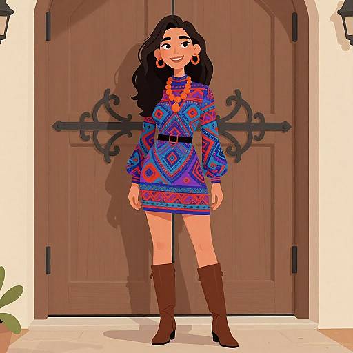 Digital illustration of a smiling woman with long black hair, wearing a colorful geometric dress, brown boots, and gold earrings, standing in front of a wooden