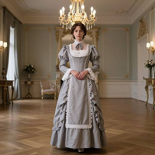 Photograph of a young woman in a Victorian-style grey dress with white lace trim, standing in an elegant, chandelier-lit room.