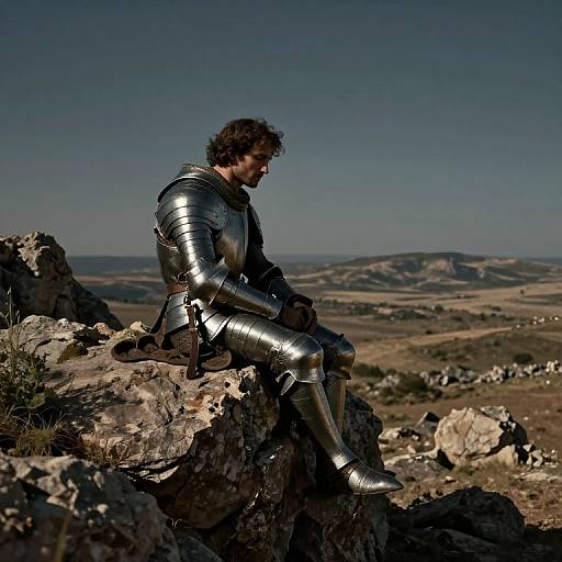 Photograph of a bearded man with curly hair, wearing shiny silver medieval armor, sitting on a rocky outcrop, overlooking a vast, sunlit