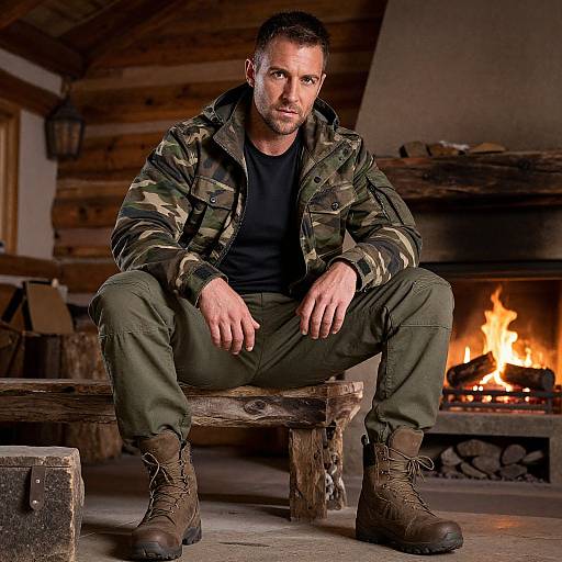Photograph of a rugged, muscular man with short dark hair, wearing a camouflage jacket, black shirt, olive pants, and brown boots, sitting on