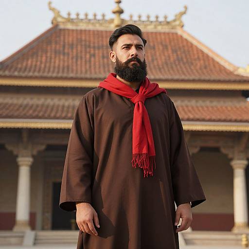 Photograph of a bearded man with dark hair, wearing a brown robe and red scarf, standing in front of an ornate Asian-style building with