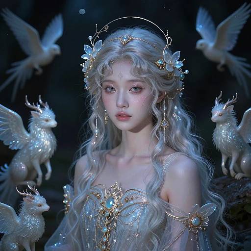 Mystical Girl with Pearlescent Creatures at Night