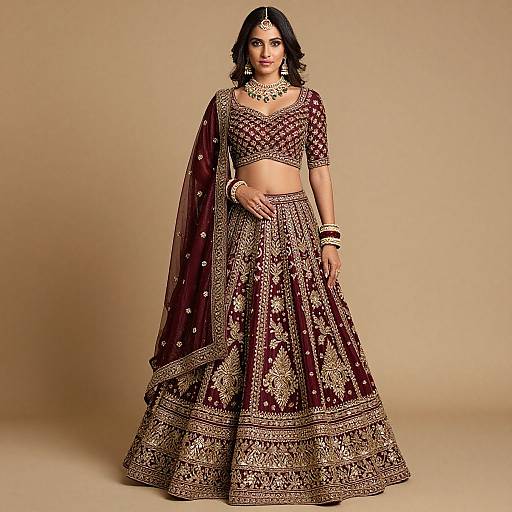 Photograph of a South Asian woman in a maroon and gold embroidered traditional lehenga, with a matching dupatta, jewelry, and a bindi