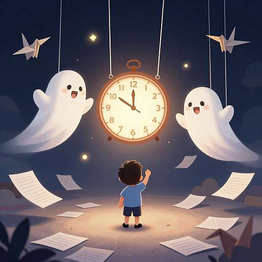 Digital illustration of a child in blue shirt and black shorts, facing a glowing clock with two white ghostly figures and floating papers in a dark, whims