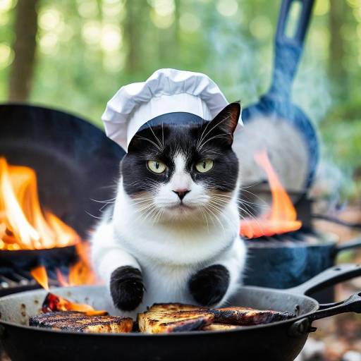 Cat Chef Cooking on Outdoor Stove