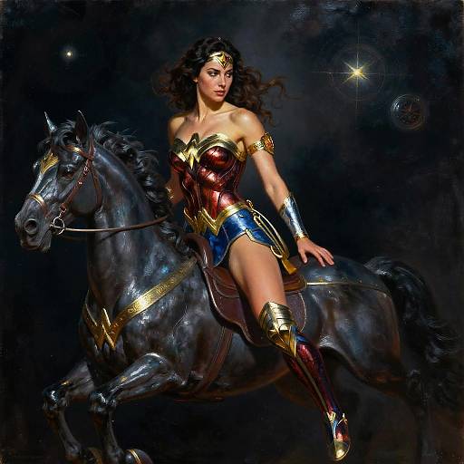 Digital painting of Wonder Woman, with long dark hair, in red, gold, and blue armor, riding a black, glossy horse against a dark,