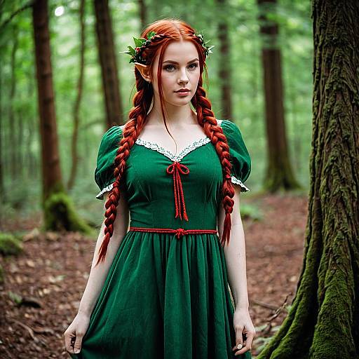 Red-haired Elf in Green Dress in Forest
