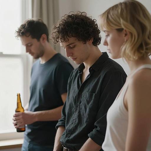 Three Adults Indoors in Thoughtful Moment