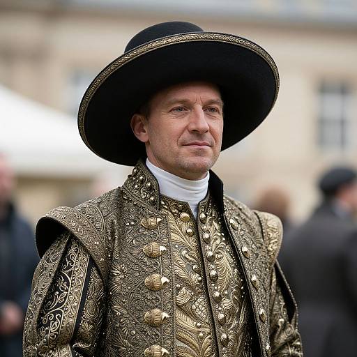 Photograph of a middle-aged man in ornate, gold-embroidered Renaissance-style clothing, wearing a large black hat, standing outdoors with blurred