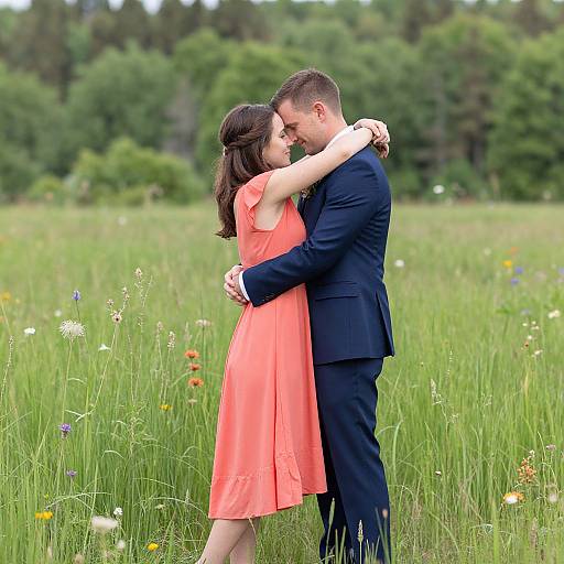 Photograph of a couple in an intimate embrace, the man in a dark suit, the woman in a coral dress, standing in a lush, green