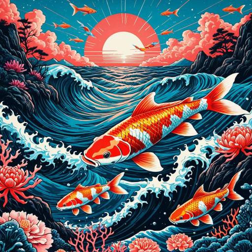 Psychedelic Koi Fish Connection with Ocean and Sunset