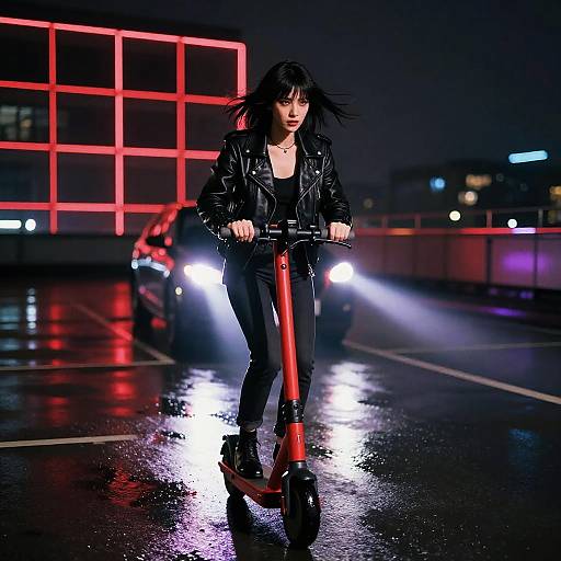 Young Woman Riding Electric Scooter at Night
