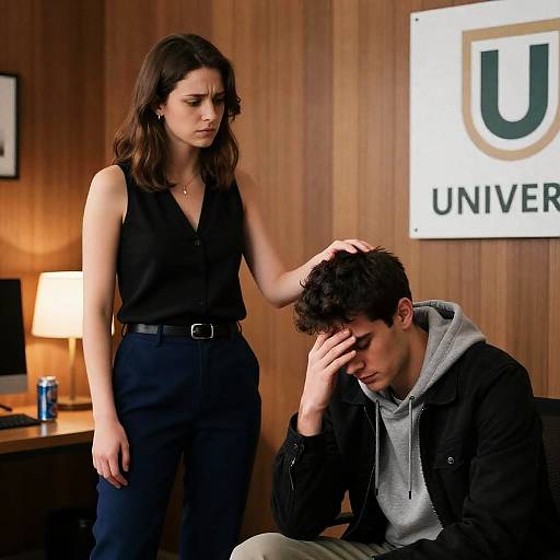 Concerned Woman Comforting Tired Man in Office