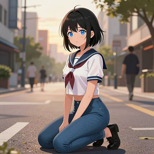 Anime Girl in Urban Sunset Scene