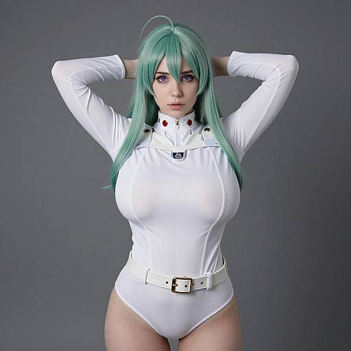 Photograph of a woman with teal hair, large breasts, wearing a white, high-neck, form-fitting bodysuit with a belt, arms