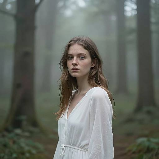 Photograph of a young woman with long brown hair, wearing a white, long-sleeved, V-neck dress, standing in a misty forest