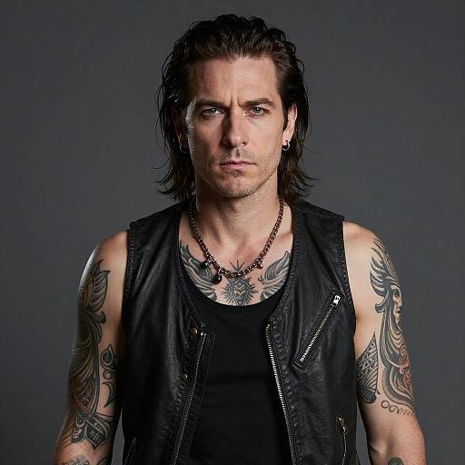 Photograph of a tattooed, serious-looking man with wet, dark hair, wearing a black leather vest and tank top, against a dark gray background