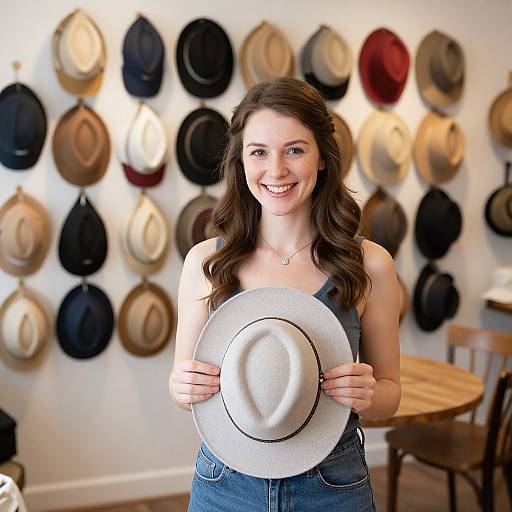 Photograph of a smiling young woman with wavy brown hair, wearing denim overalls, holding a white cowboy hat in a hat shop with a wall