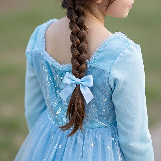 Photograph of a young girl with a braided brown ponytail, wearing a light blue, long-sleeved, embroidered dress with a white bow