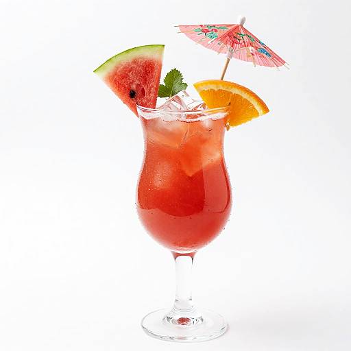 Photograph of a vibrant red cocktail in a curvy glass, garnished with watermelon slice, orange slice, umbrella, and ice, against a