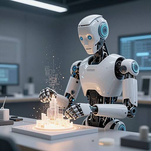Photograph of a white, blue-eyed robotic arm creating digital sparks on a glowing square in a modern, dimly lit laboratory.