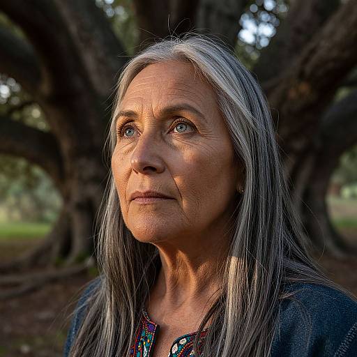 Photograph of an elderly woman with long, gray hair, blue eyes, and a thoughtful expression, standing in a forest with large, twisted trees in