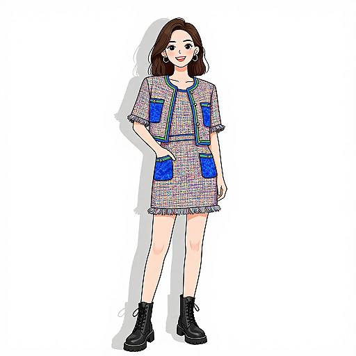 Smiling Woman in Stylish Tweed Outfit