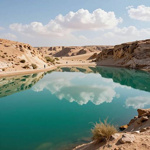 Photograph of a serene desert oasis with clear turquoise water reflecting a bright, cloudy sky and surrounding rocky, sandy hills.