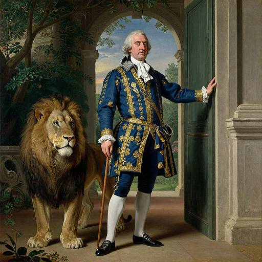Photograph-style painting of 18th-century nobleman in blue, gold-trimmed coat, white wig, standing with lion, holding cane,