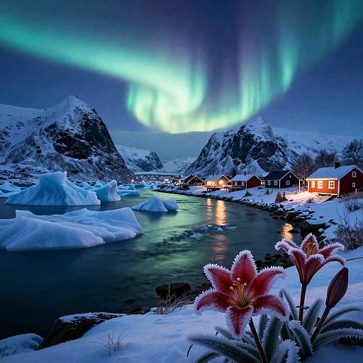 Aurora Twilight Over Frost-Bloom Fjord Village