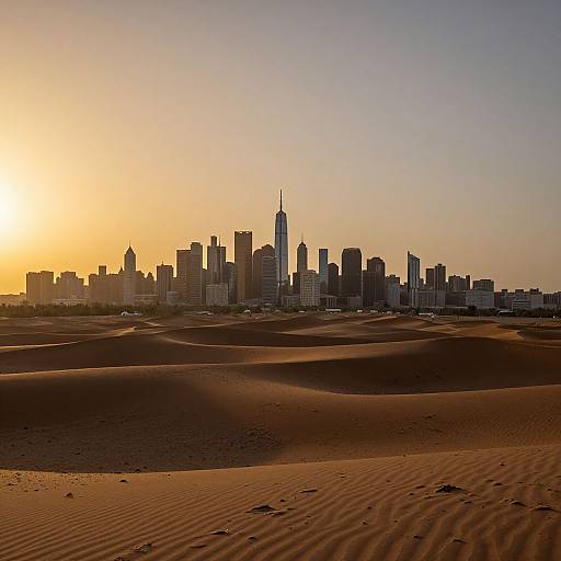 Photograph of a sunset over a desert with rippled sand dunes in the foreground, silhouetting Chicago's skyline with tall skyscrapers.