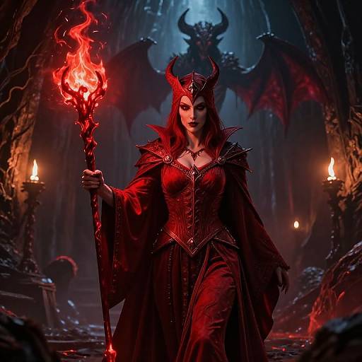 Digital fantasy artwork of a dark, seductive demon queen with red wings, horns, and a fiery staff, standing in a dimly lit, cavern