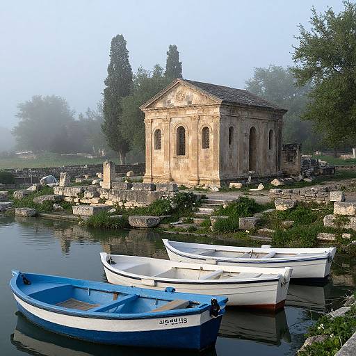 Ancient synagogue ruins and boats at Capernaum