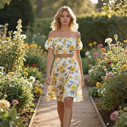 Young Woman in Floral Garden Stroll