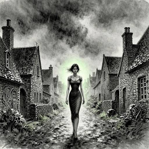 Digital black-and-white drawing: Silhouetted woman in tight dress walks down a rain-soaked, cobblestone alley between stone cottages,